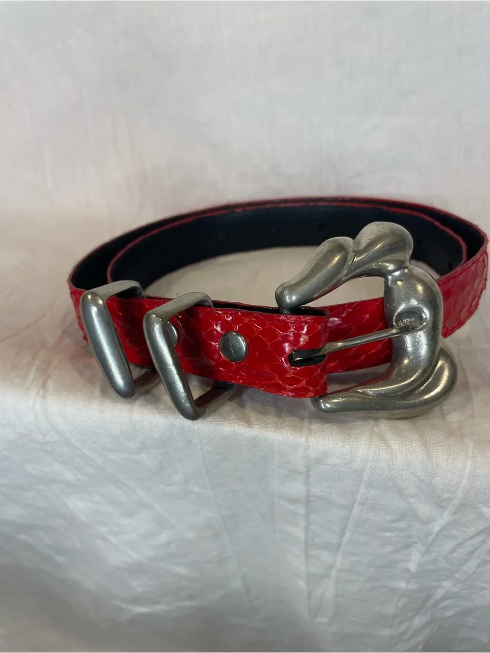 Vintage CIA Genuine Red Snakeskin Belt USA Sculptural Pewter Buckle Small